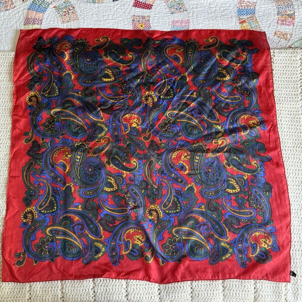 Vintage BYL 100% Silk Scarf Red And Blue Paisley Colorful Square 32”x32”